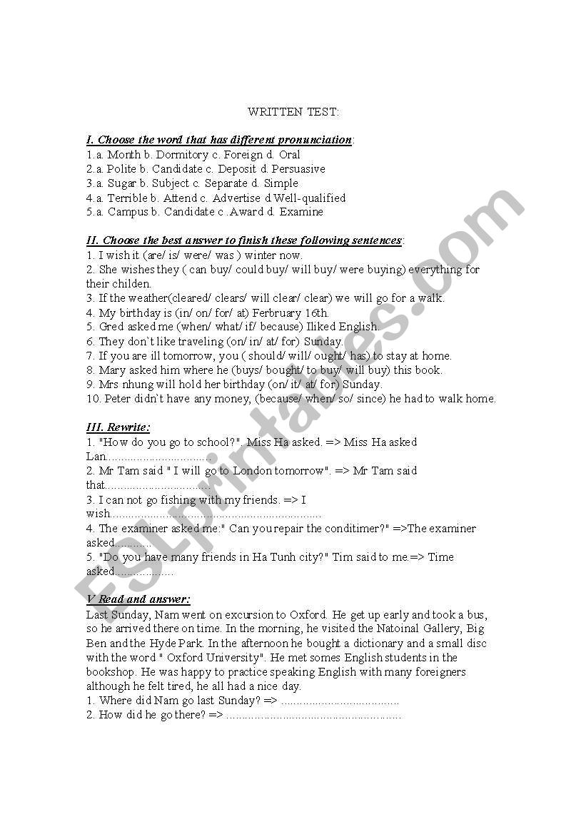 written test  worksheet