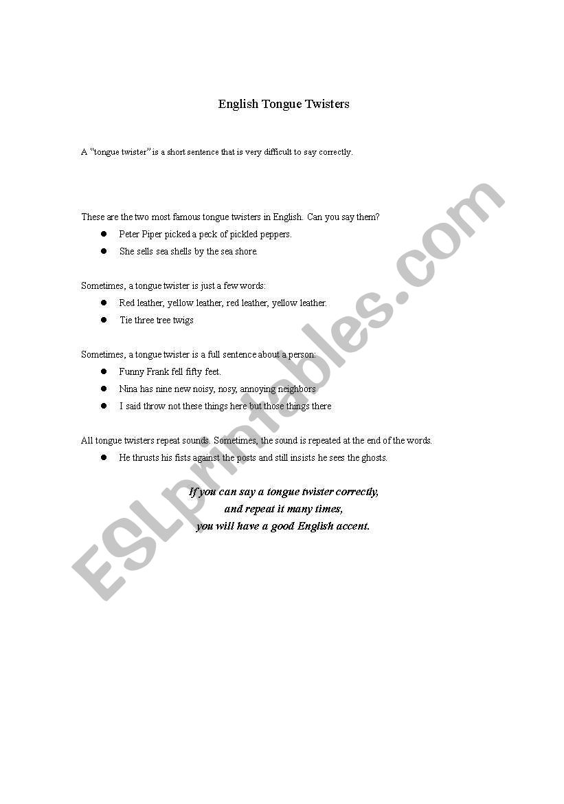 ENGLISH TONGUE TWISTER worksheet