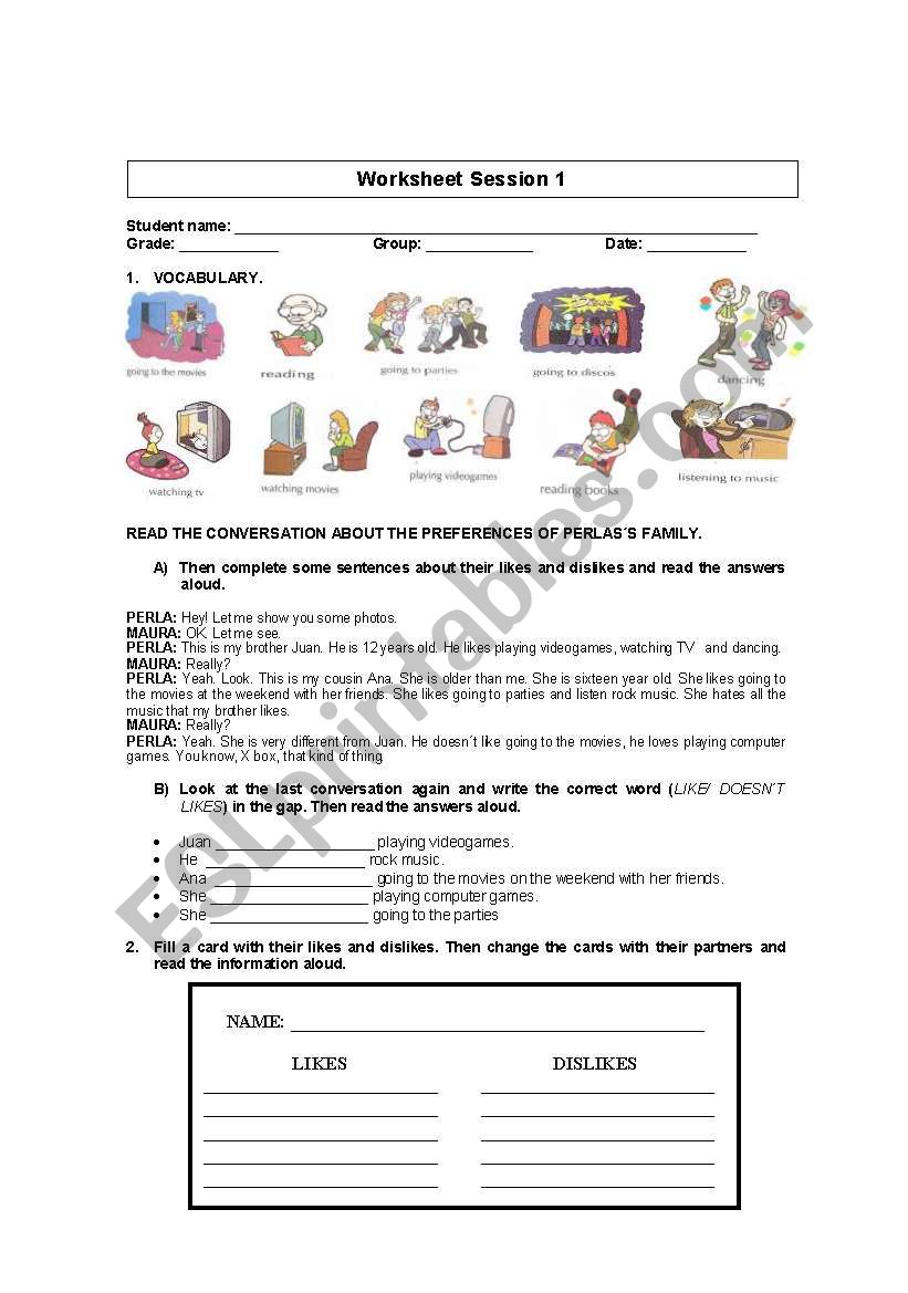 LIKES AND DISLIKES (HOBBIES) worksheet