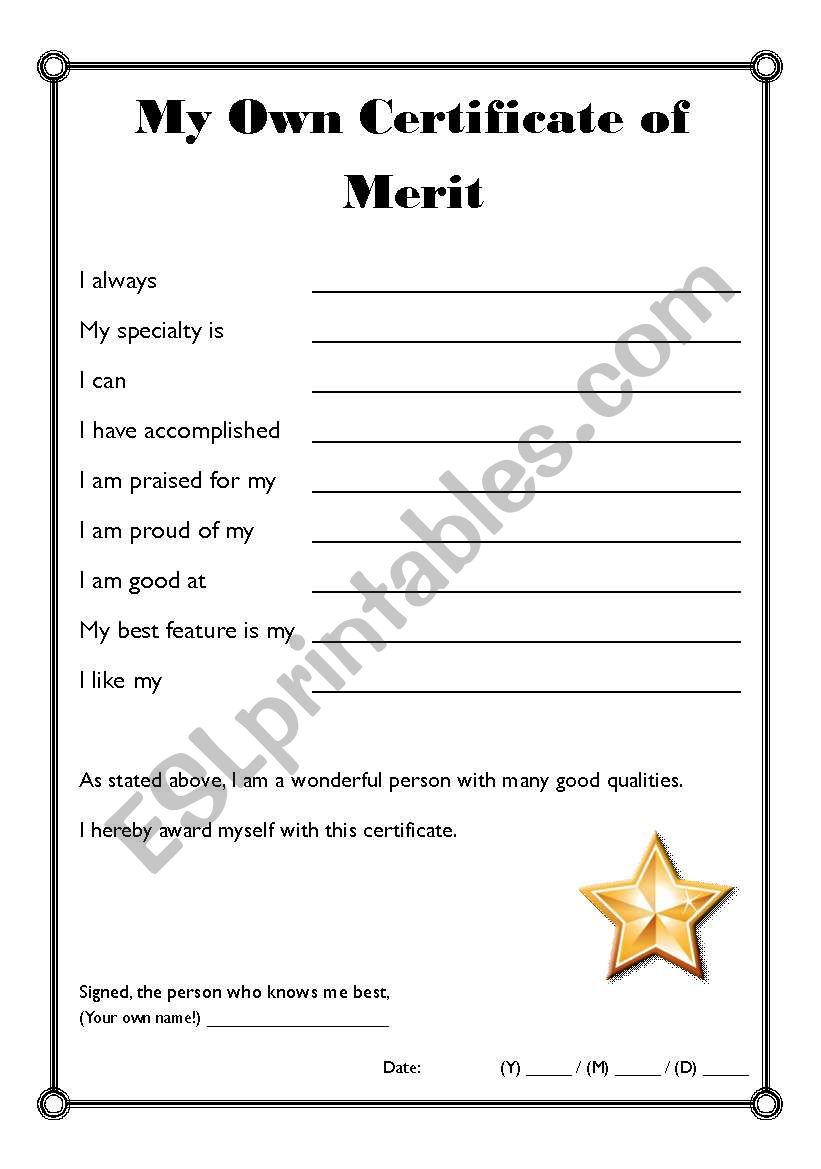My Own Certificate of Merit worksheet