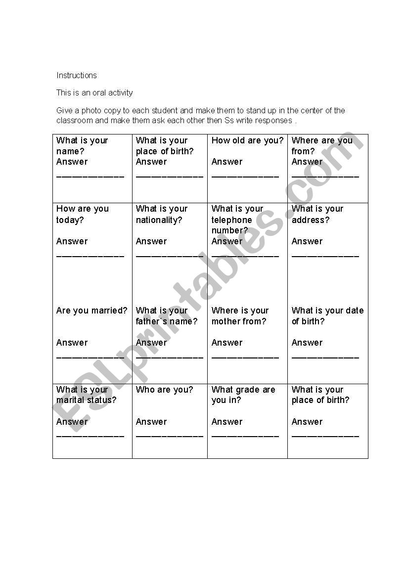 personal information quiz worksheet