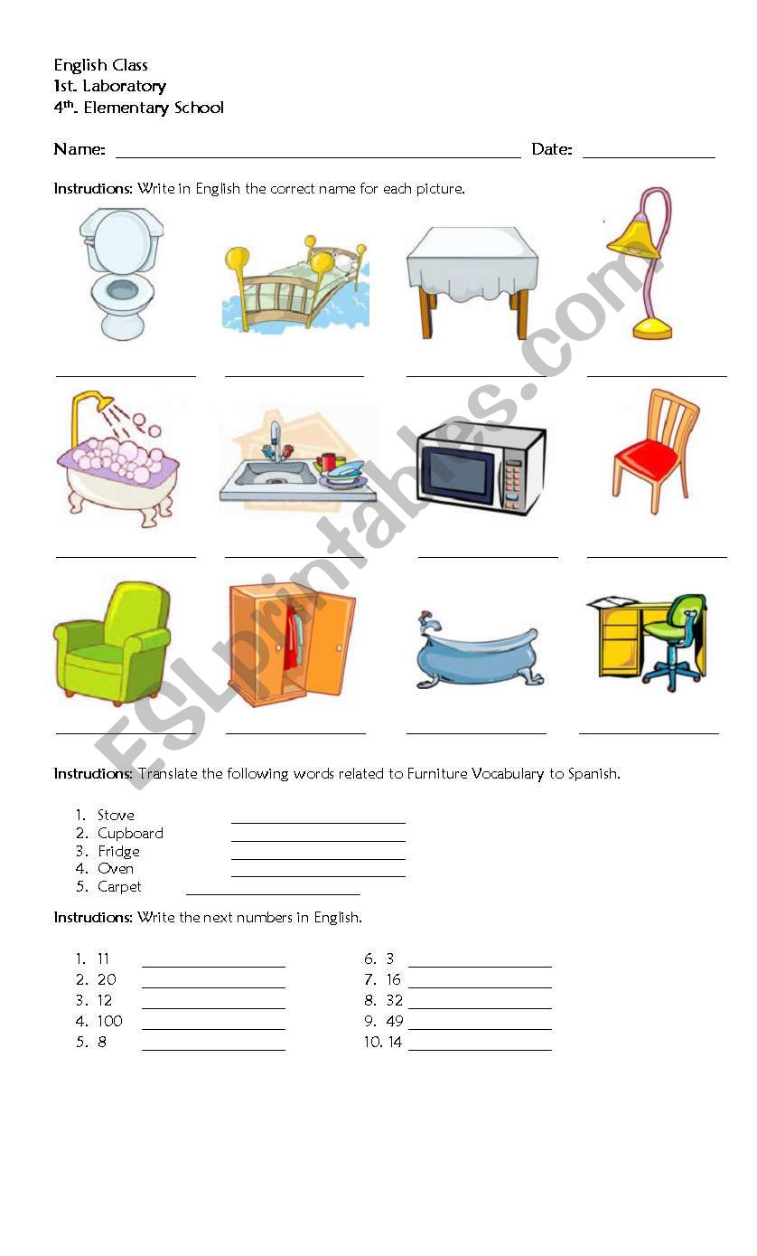 Furniture and Numbers worksheet