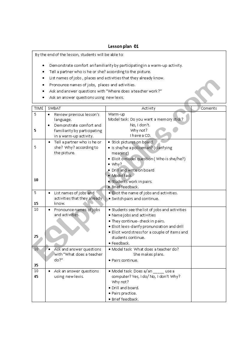 Lesson Plan - Jobs  worksheet