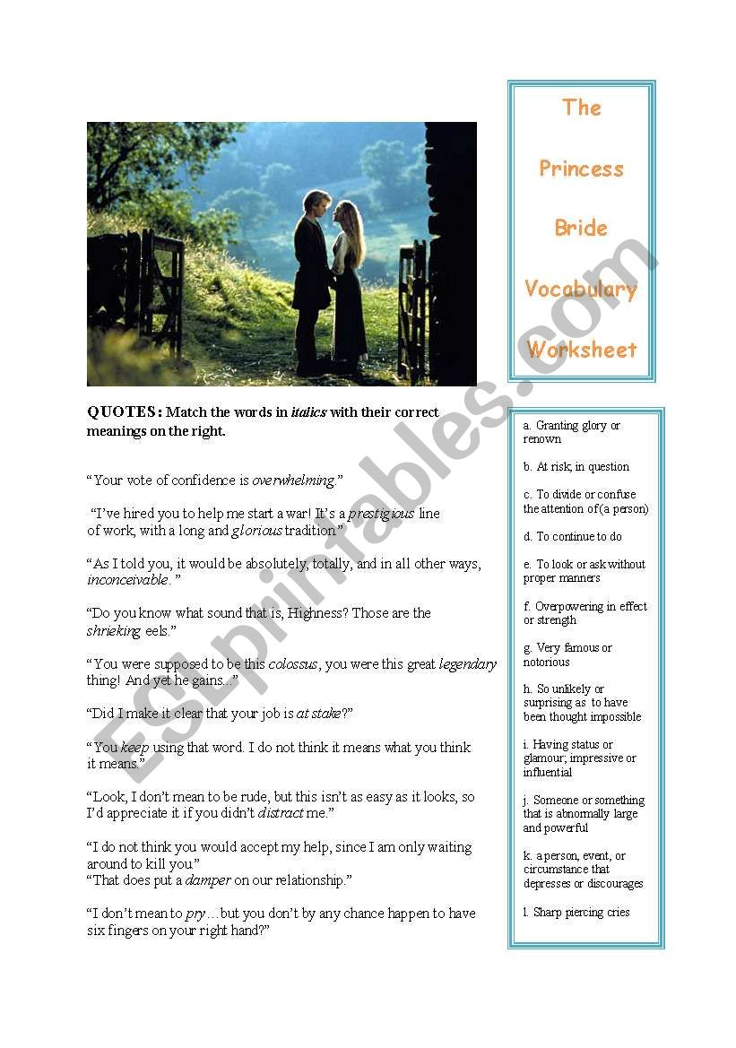 The Princess Bride vocabulary worksheet