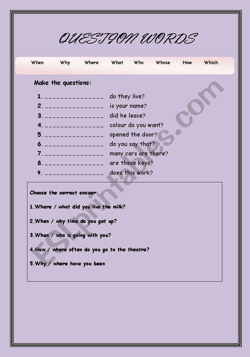 Question words worksheet