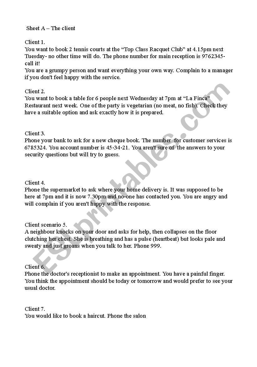 worksheet for telephone role play