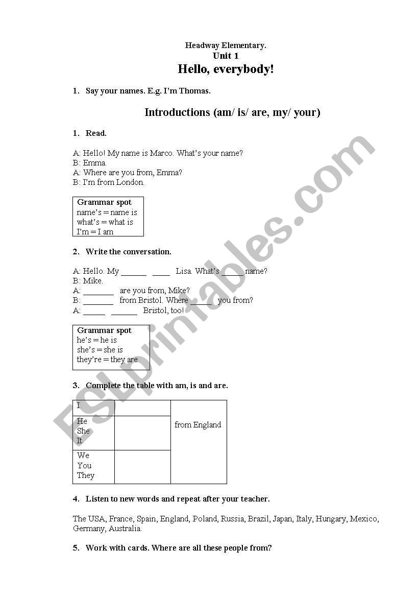 Headway Elementary Unit 1 worksheet