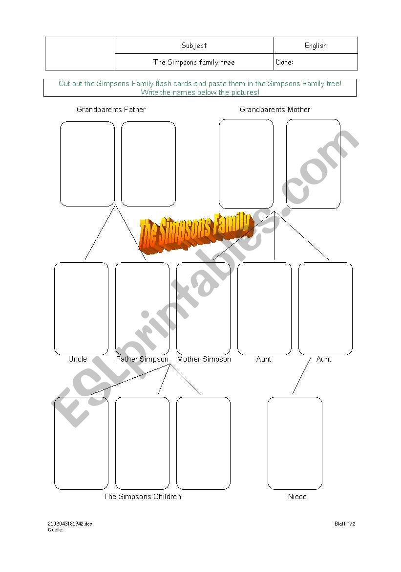 The Simpsons family tree - worksheet with questions about the family