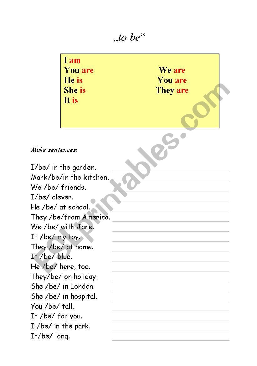 to be make sentences worksheet