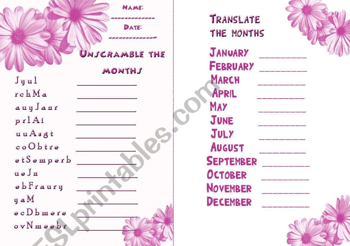 Worksheet: months worksheet