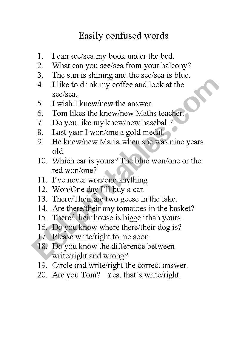 English Worksheets Easily Confused Words