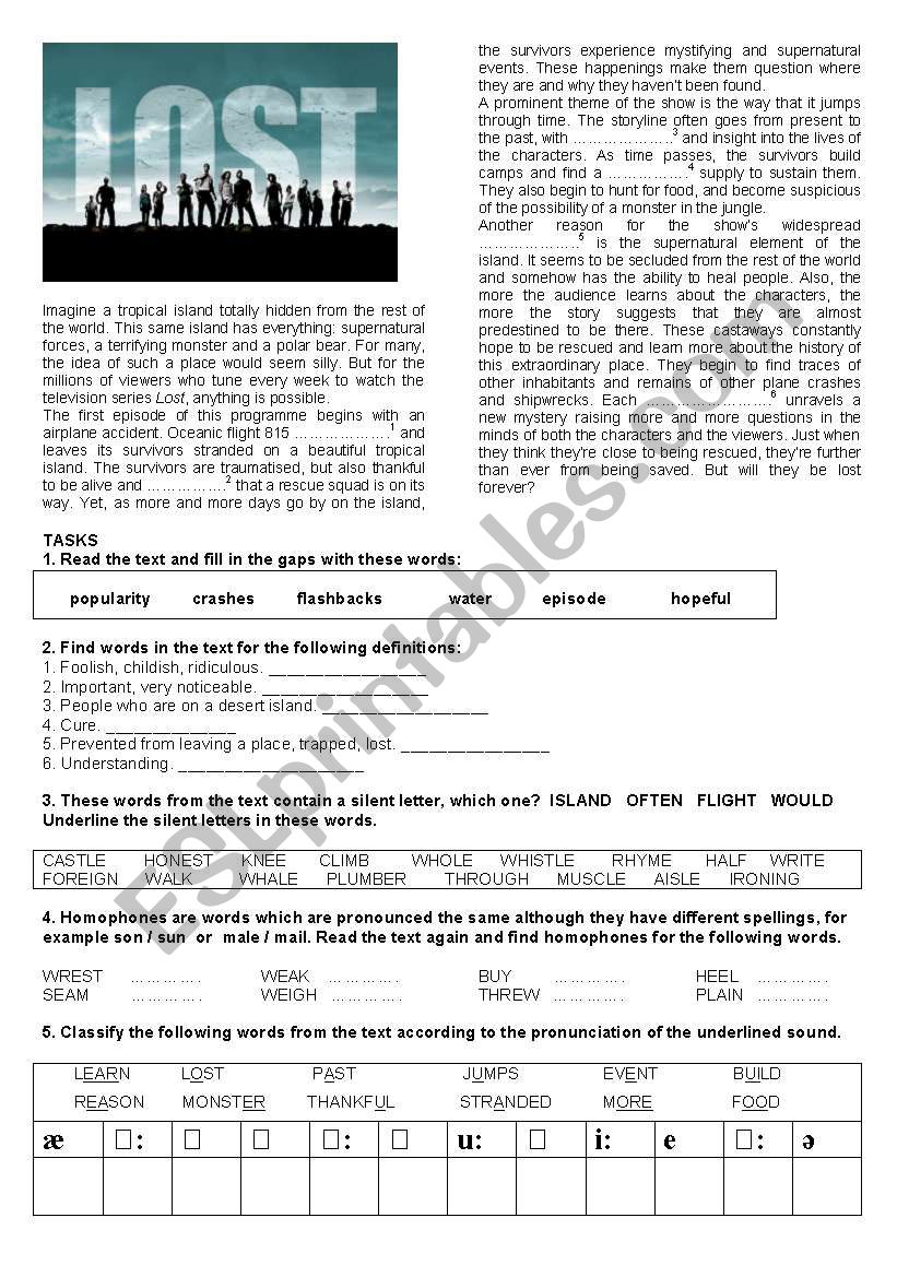 LOST: reading, vocabulary and pronunciation activities NEED WORD 2003 / OPENOFFICE