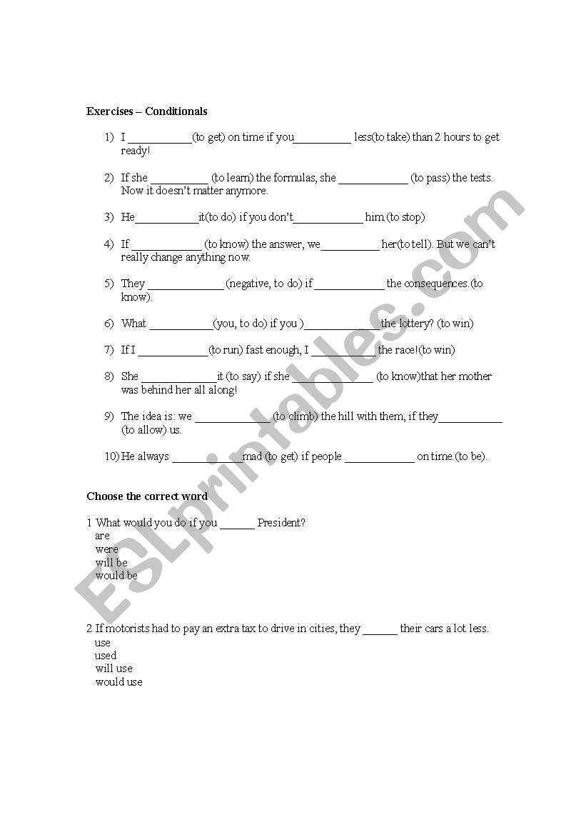 Exercise on Conditionals worksheet