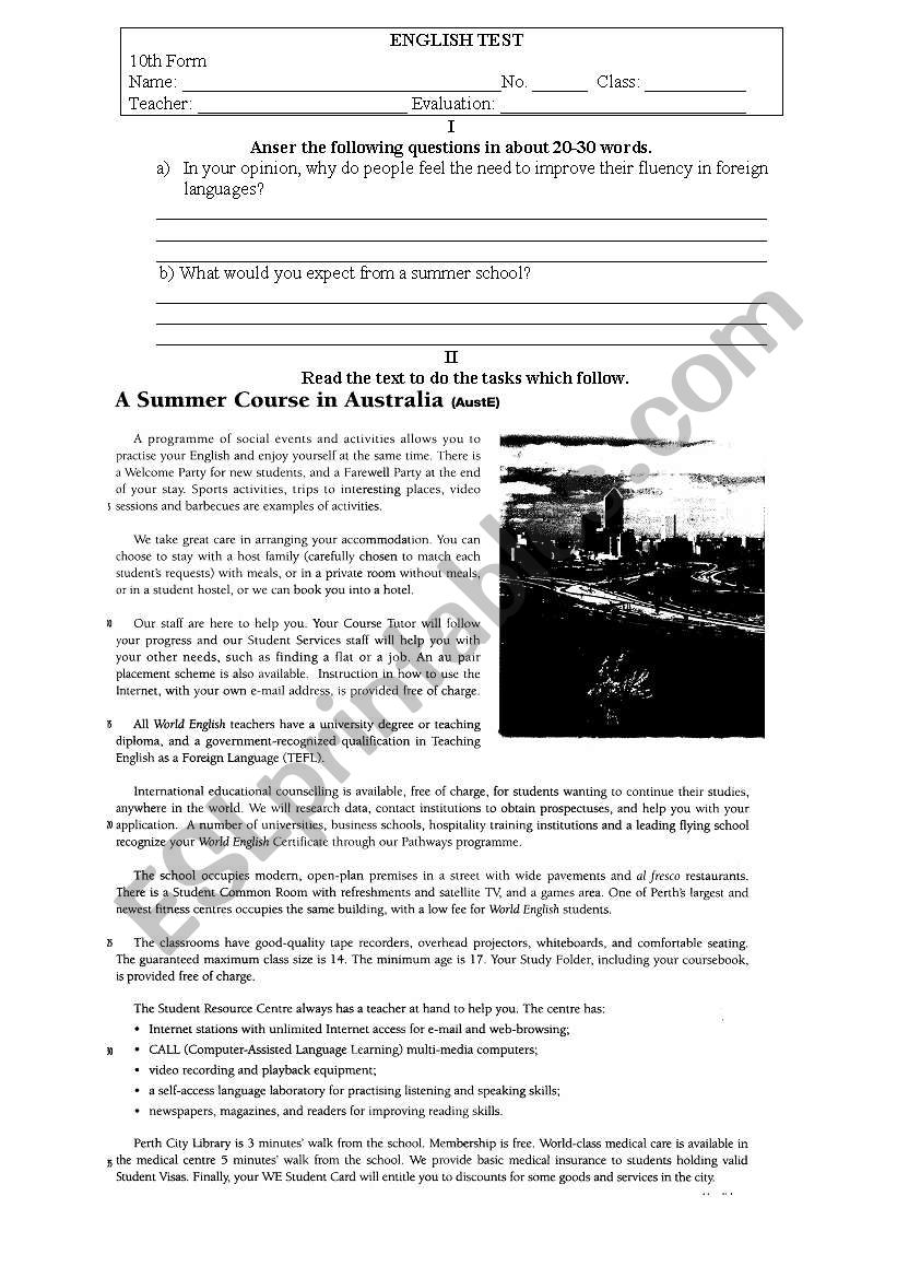 test worksheet