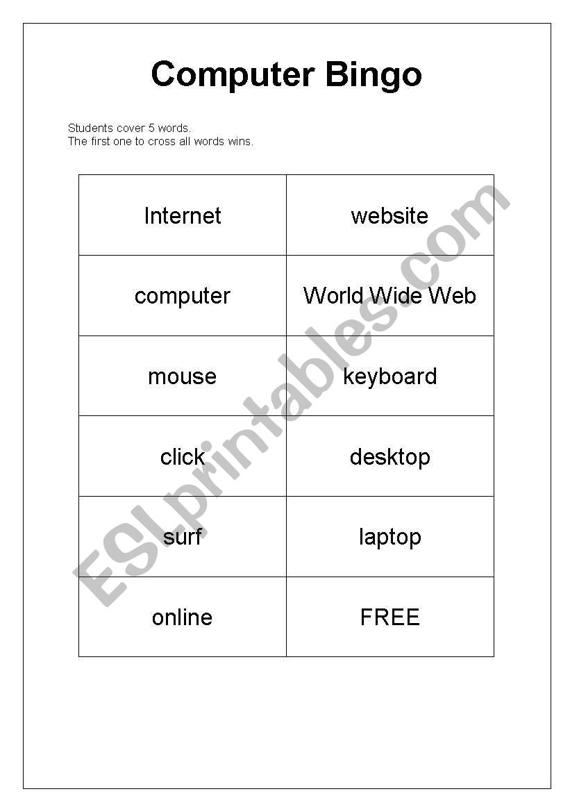 Computer bingo worksheet