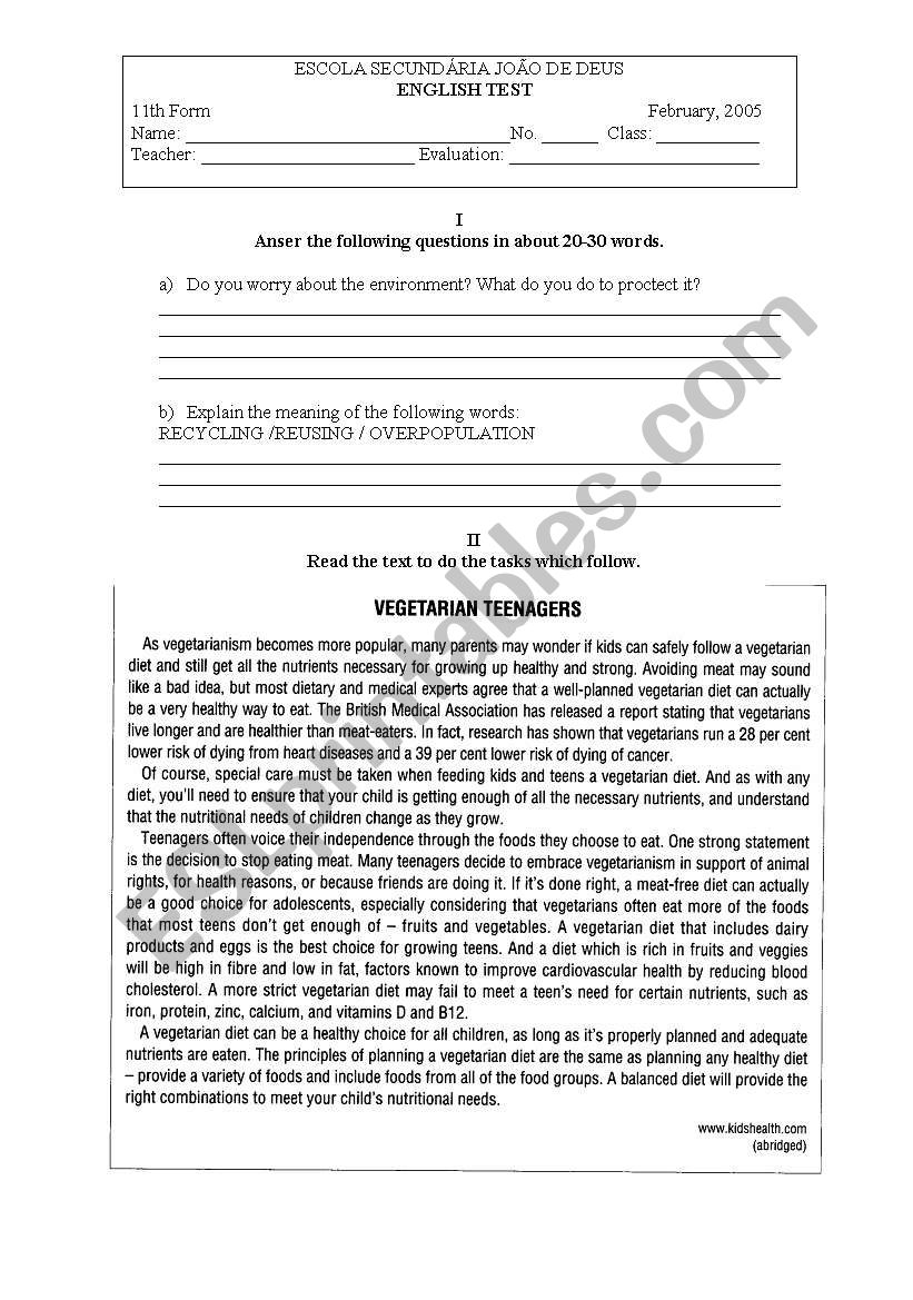 test worksheet