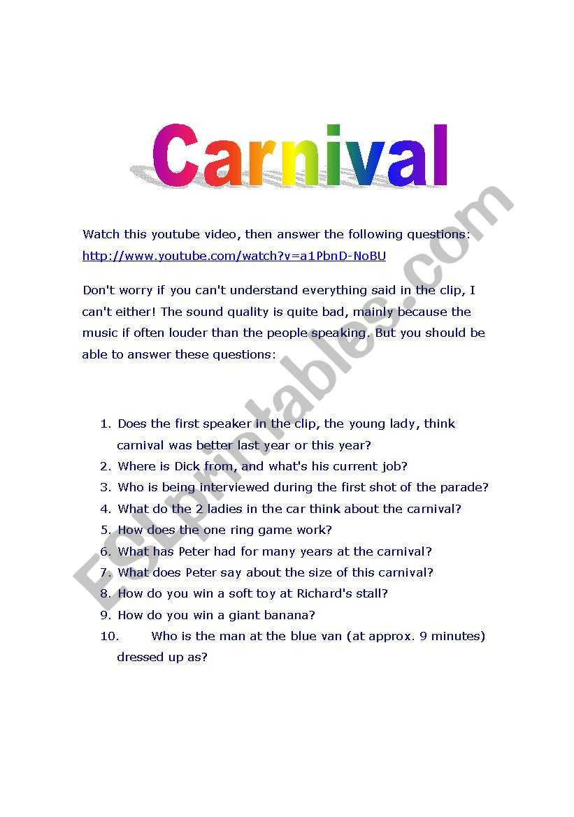 Carnival youtube clip with questions