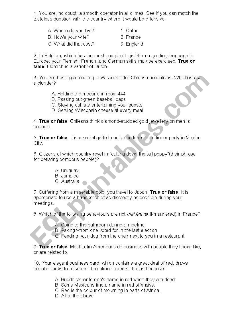 Cultural quiz worksheet