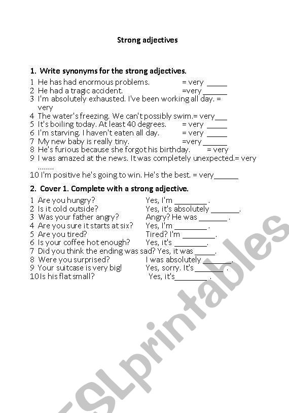 English Worksheets Strong Adjectives
