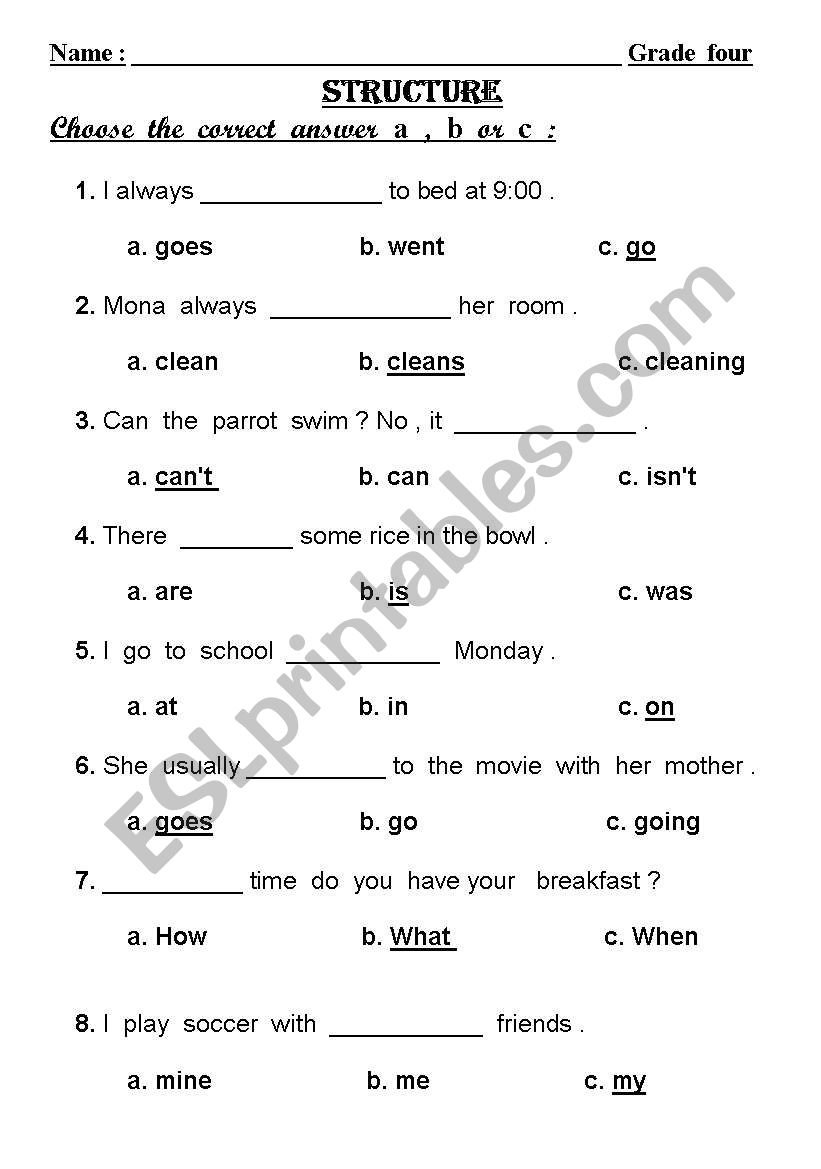 structure for grade4 worksheet