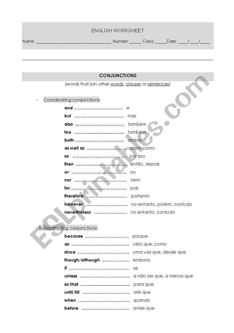 CONJUNCTIONS worksheet