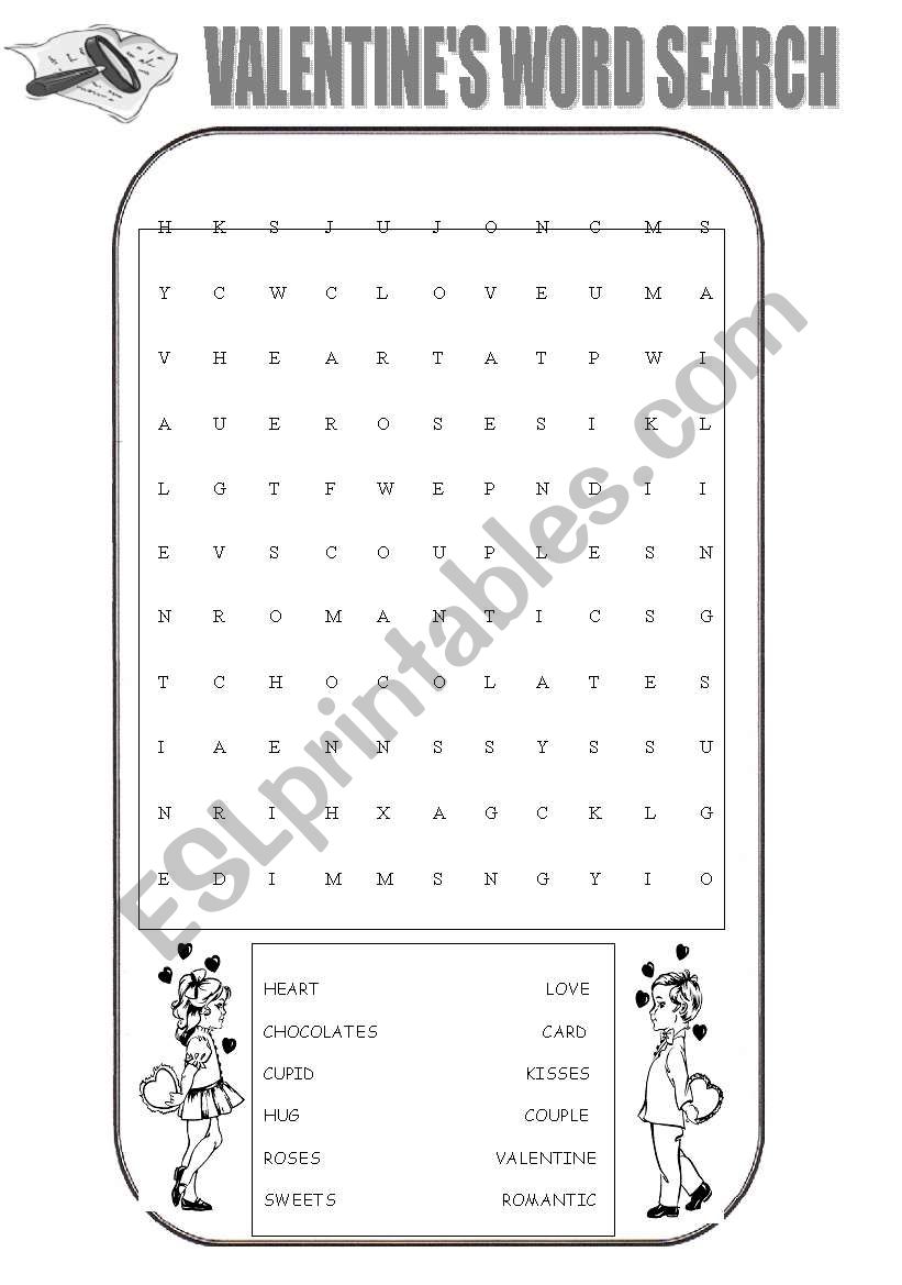 Valentines word search worksheet