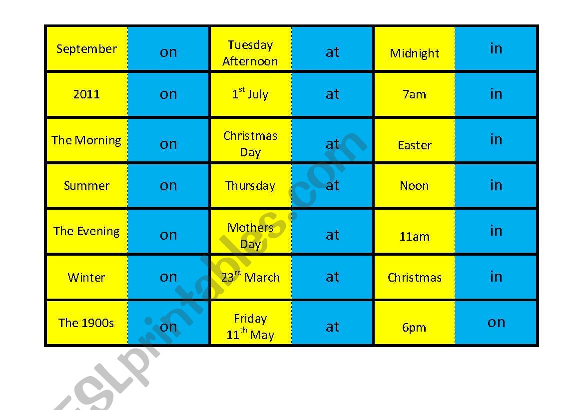 Preposition of time dominos worksheet