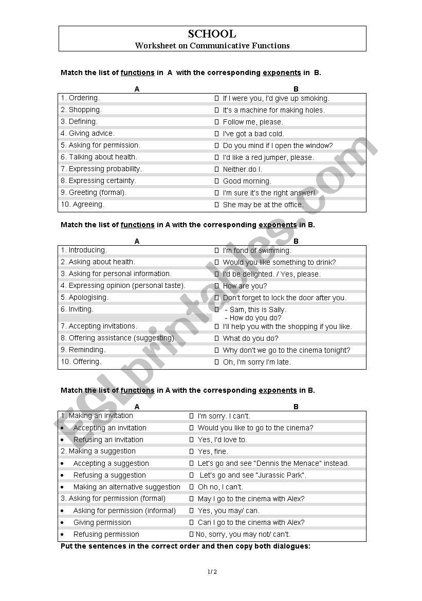 Comunicative functions worksheet