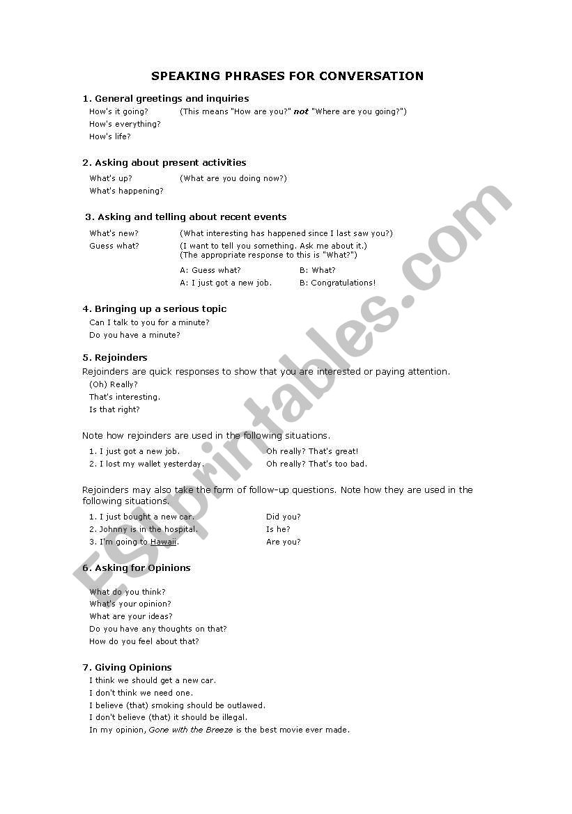 Speaking phrases worksheet