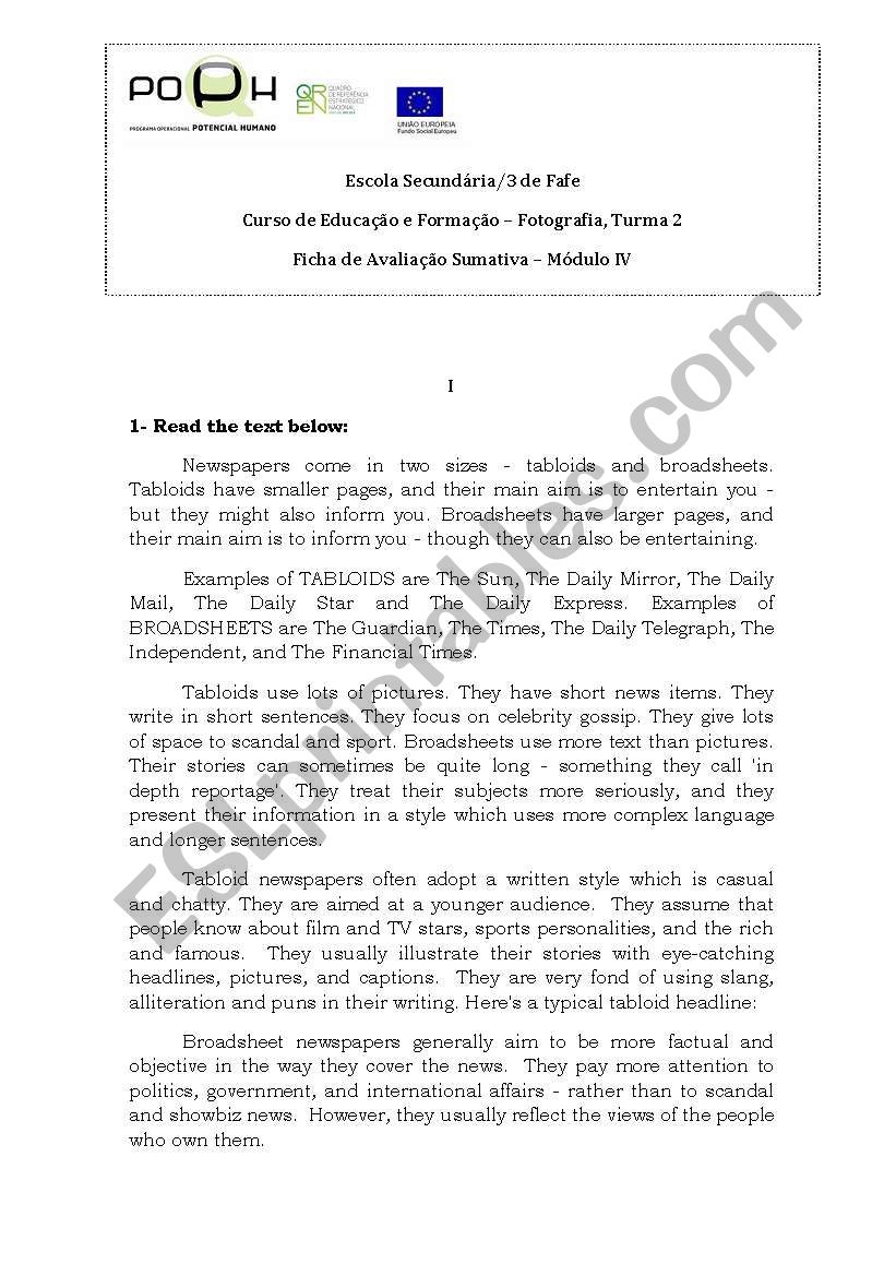 Test on Module IV worksheet