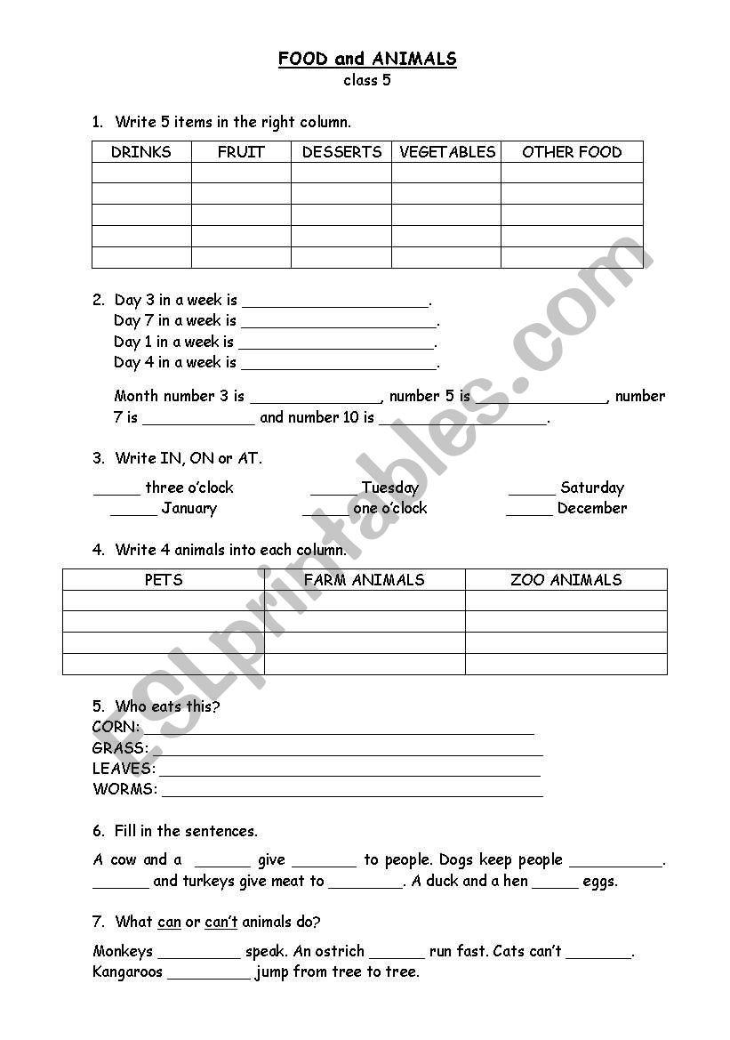foof and animals worksheet