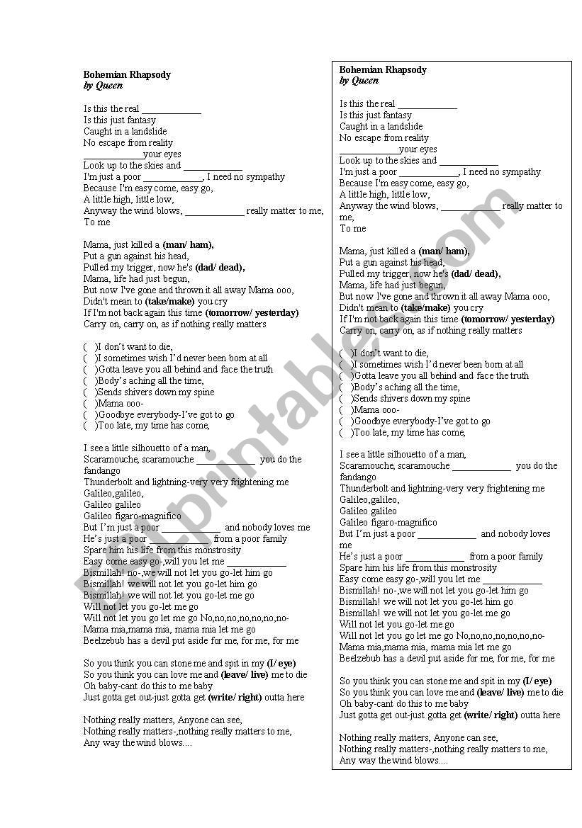 Bohemian Rapsody worksheet