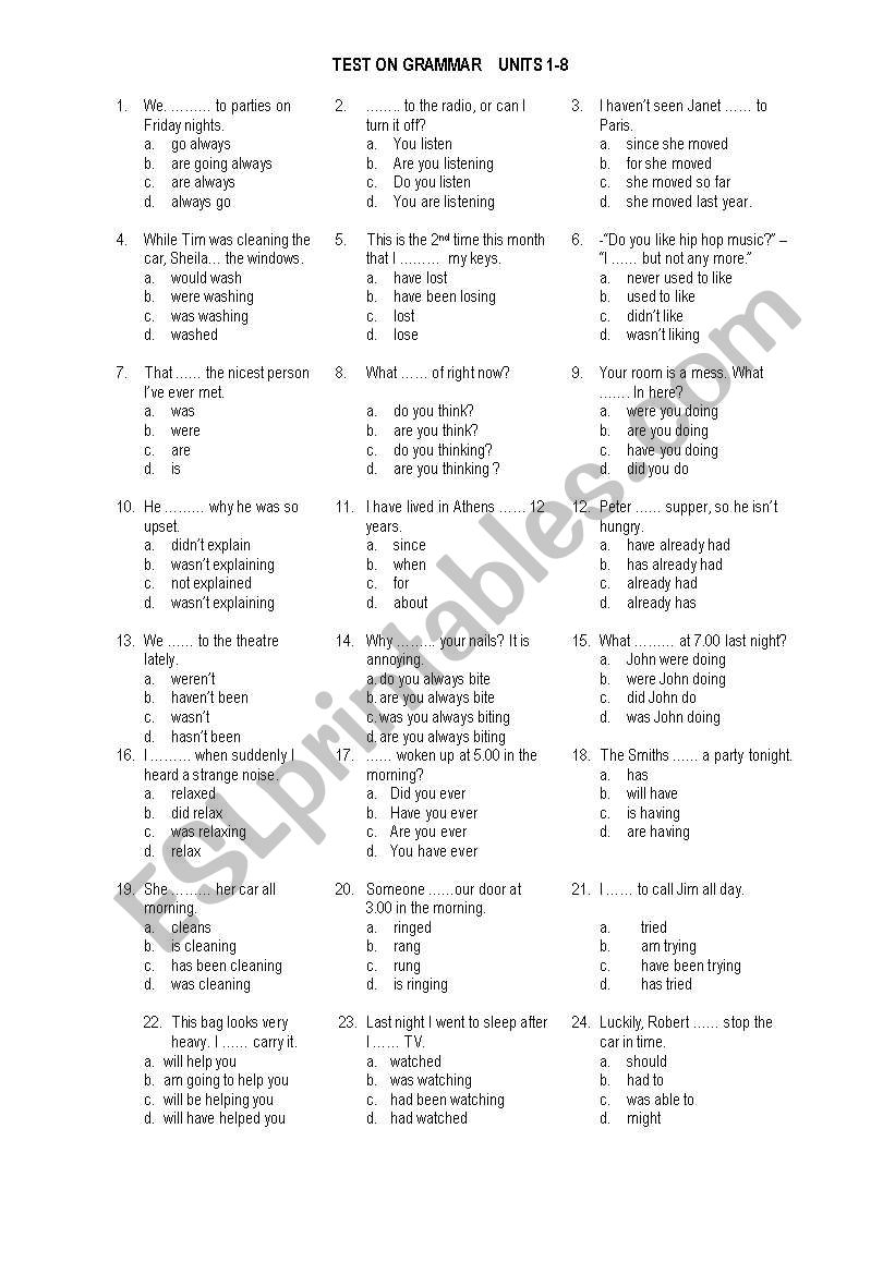 grammar test worksheet