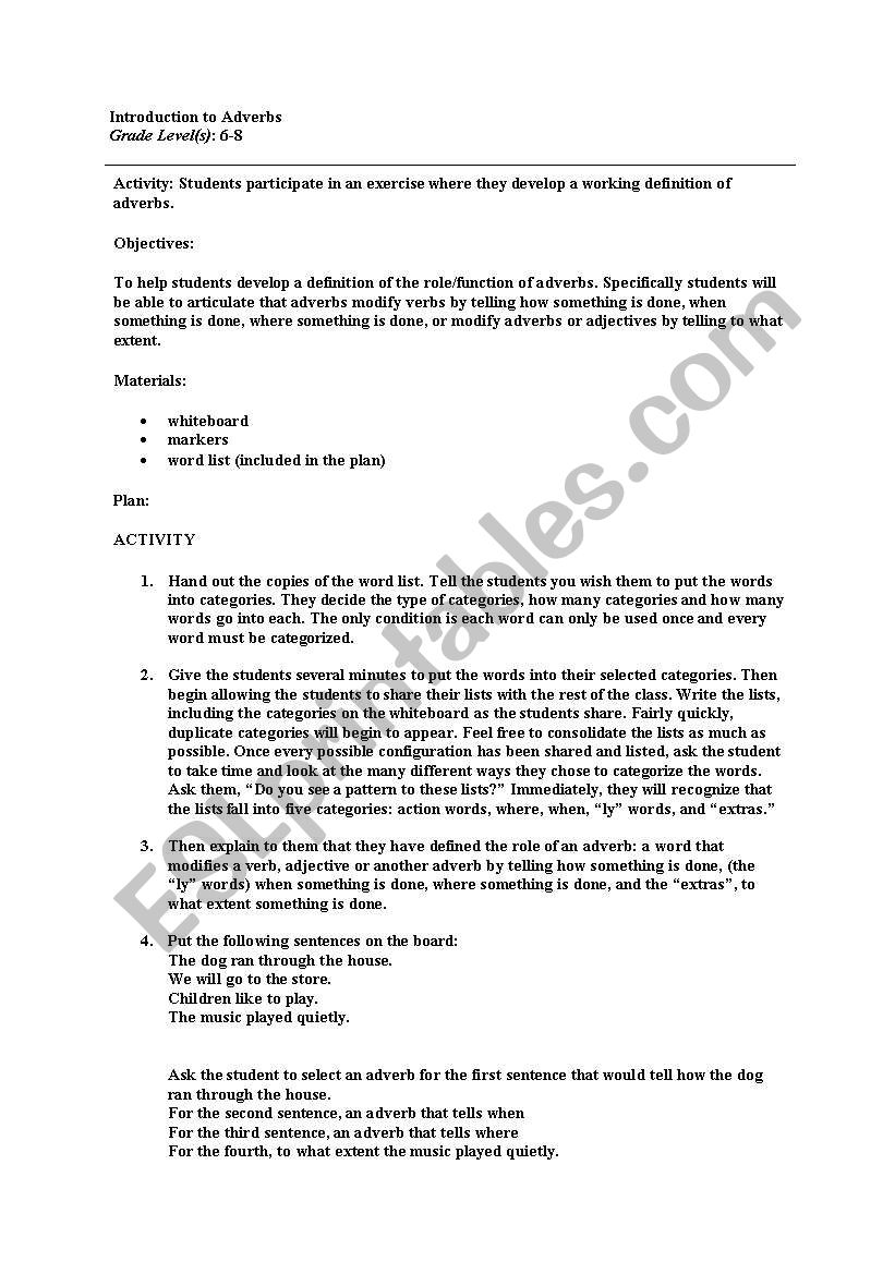 activity of adverbs worksheet