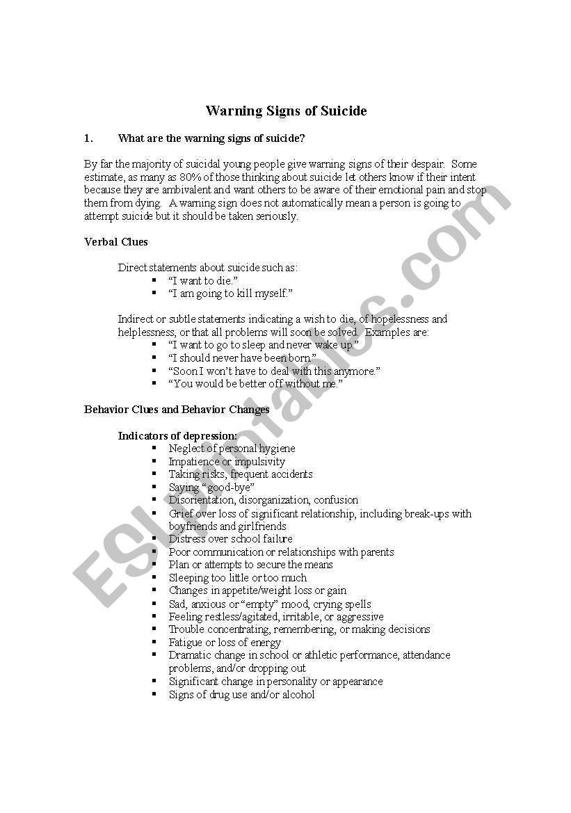 Warning Signs of Suicide worksheet