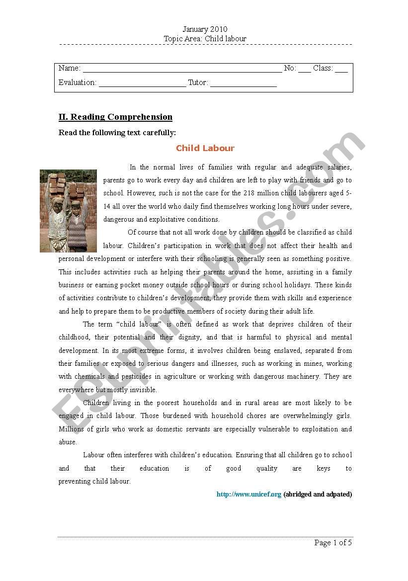 Child labour worksheet