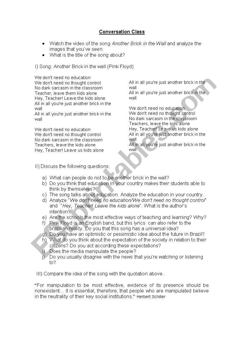 Another Brick in the wall worksheet