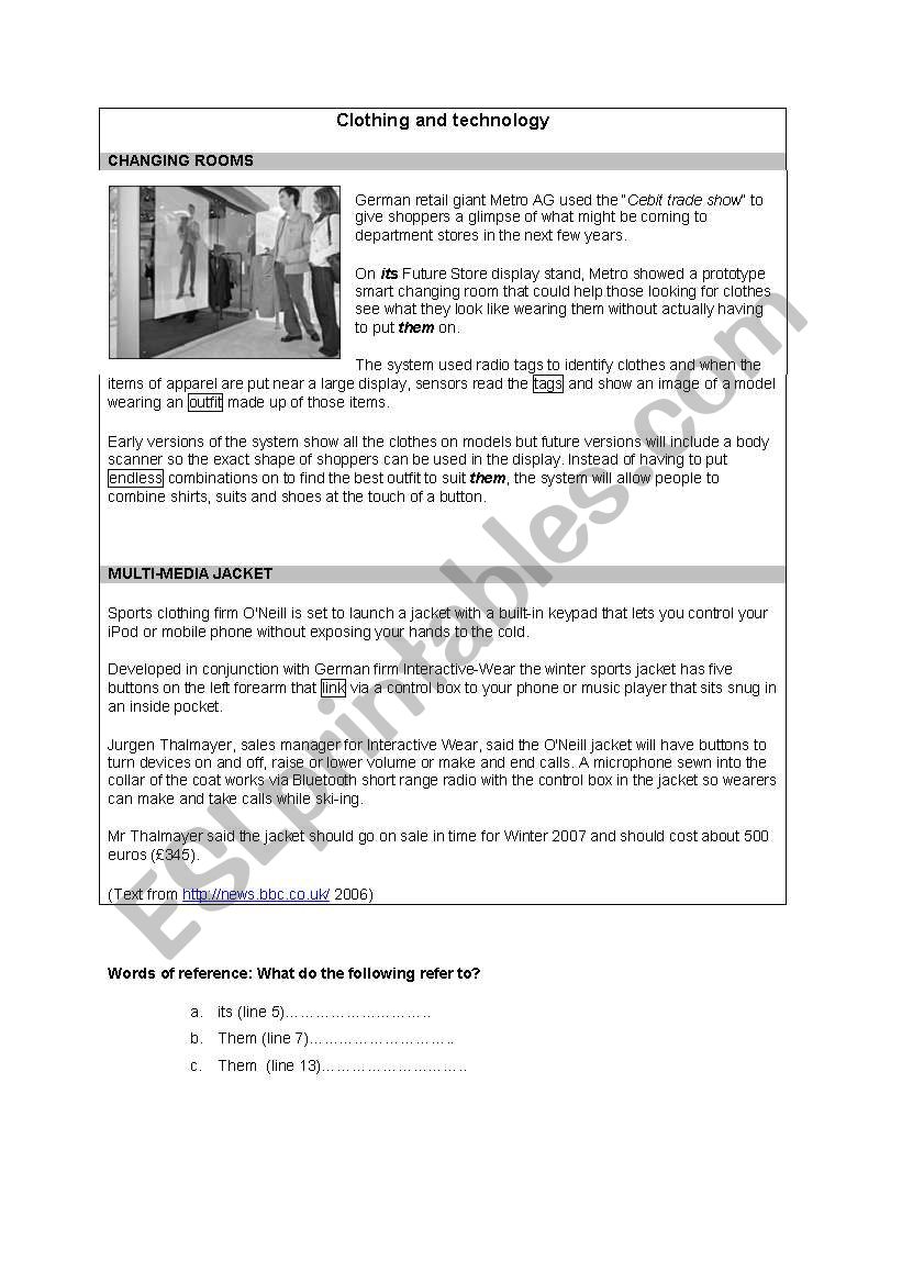 Clothing and technology worksheet