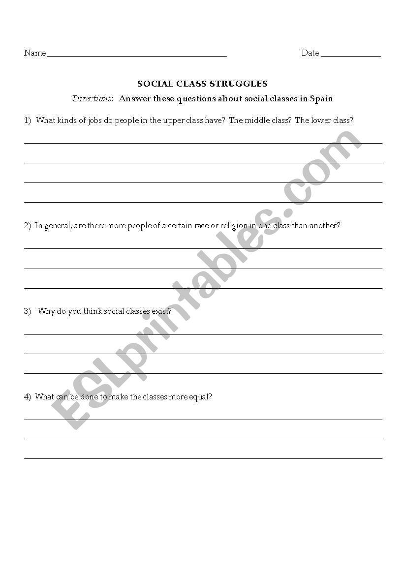 Social Class Struggles worksheet