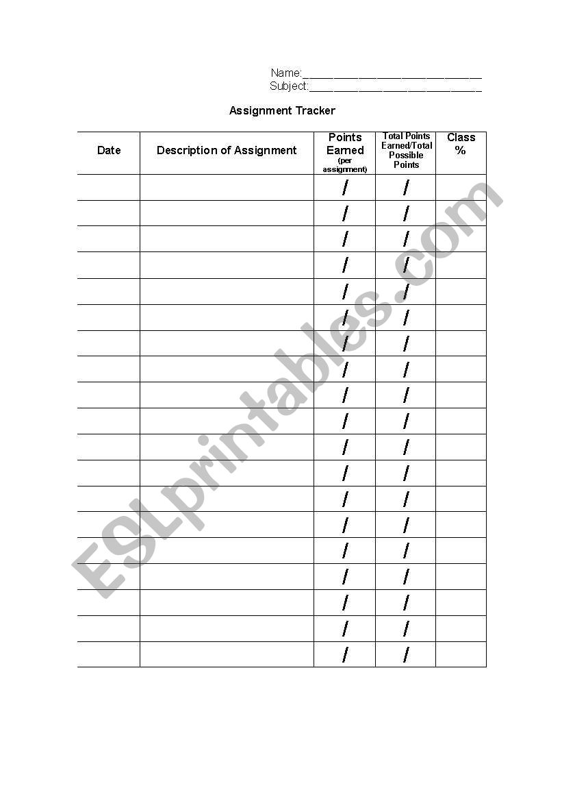 Assignment Tracker worksheet