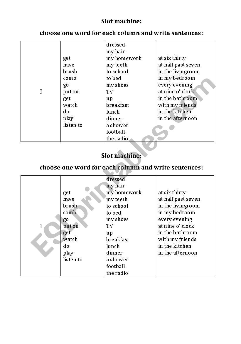 slot machine worksheet