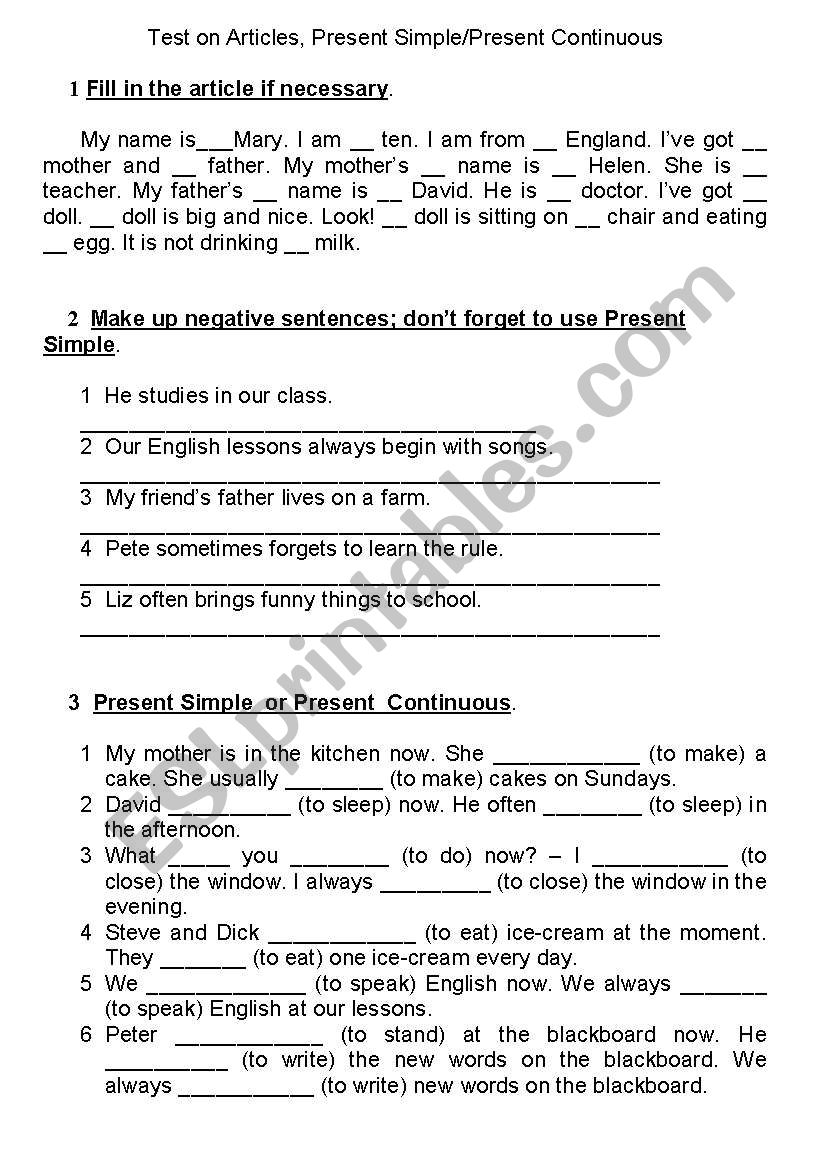 Test on Articles, Pr.Simple/Pr.Continuous