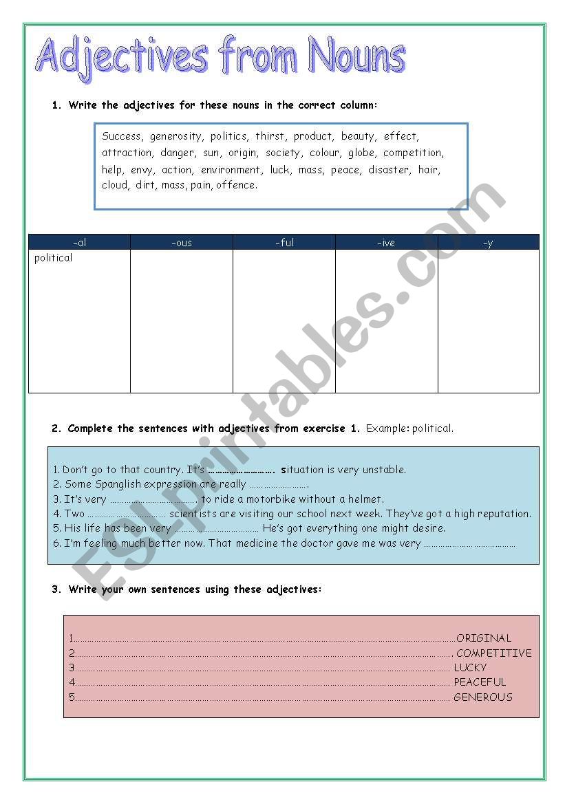 ADJECTIVES FROM NOUNS worksheet