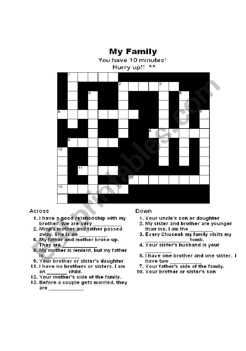 family crossword and answers worksheet