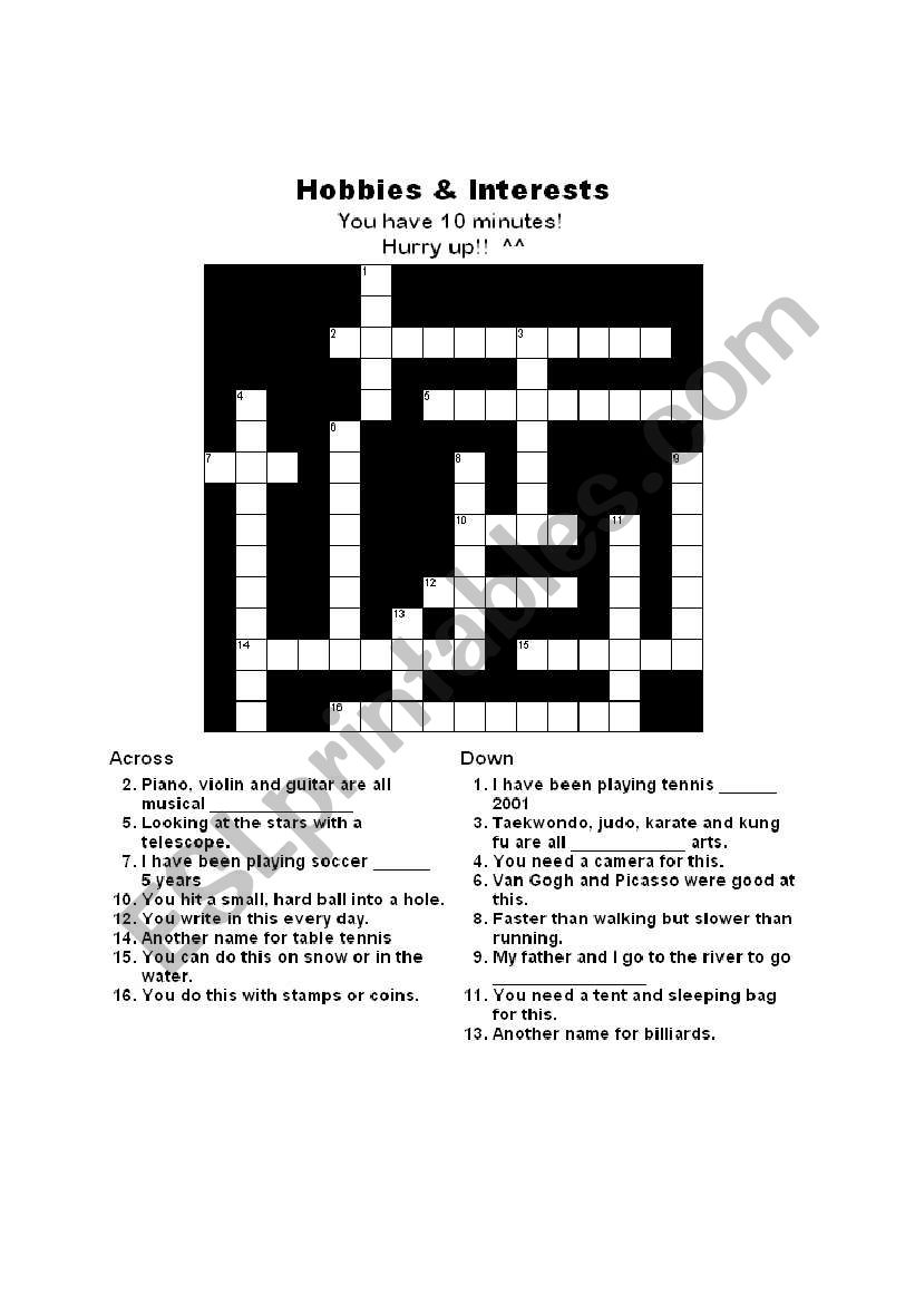 hobbies crossword and answers worksheet