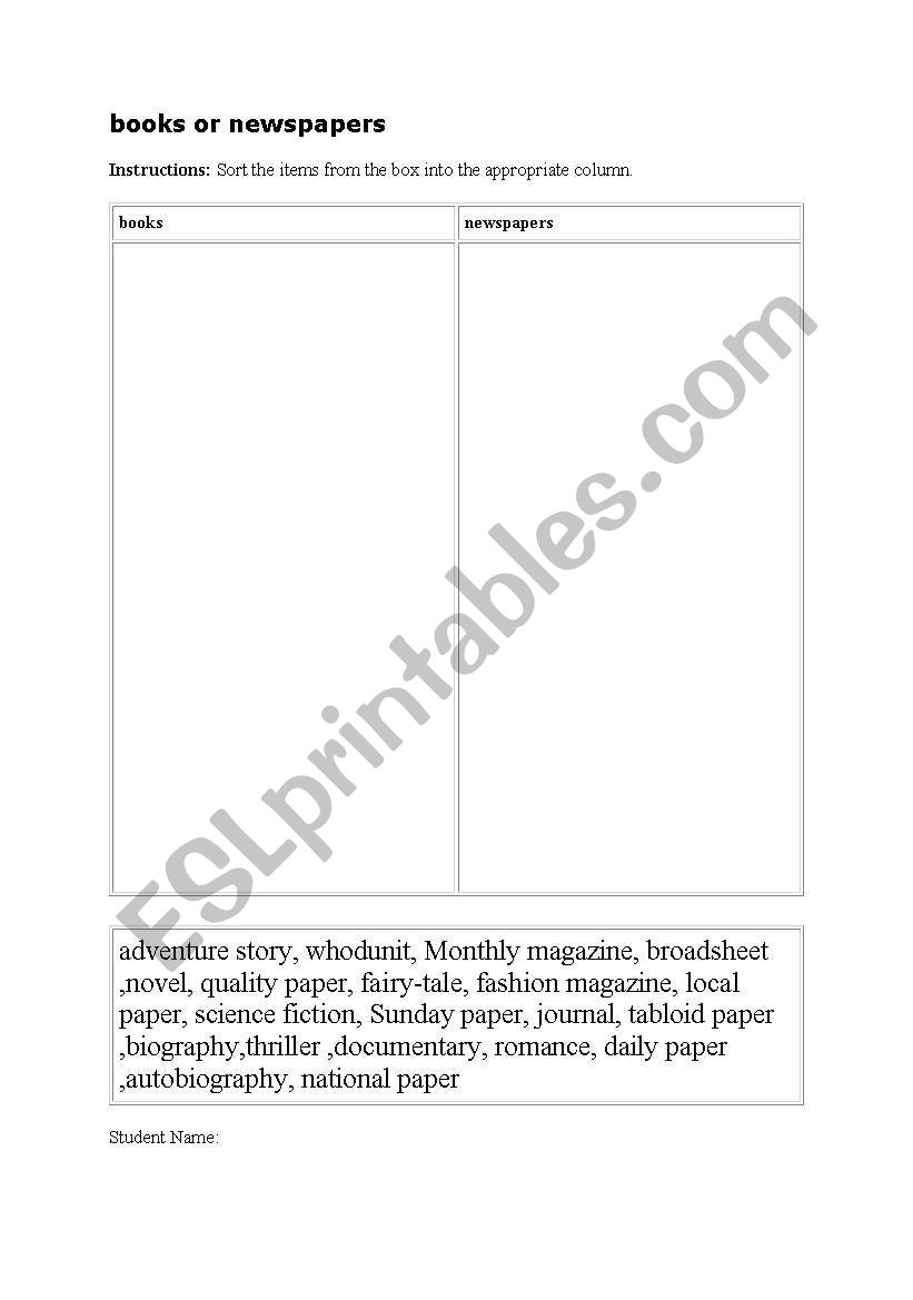 Books or papers worksheet