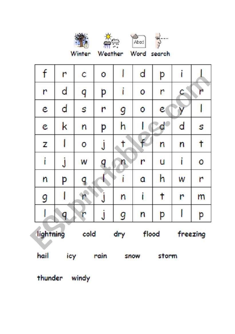 Winter weather word search worksheet