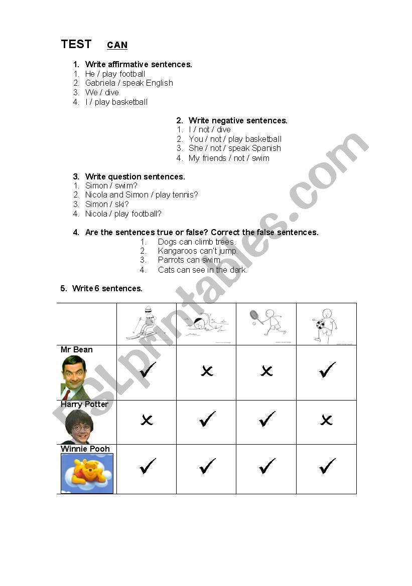 Test - can/canÂ´t  worksheet