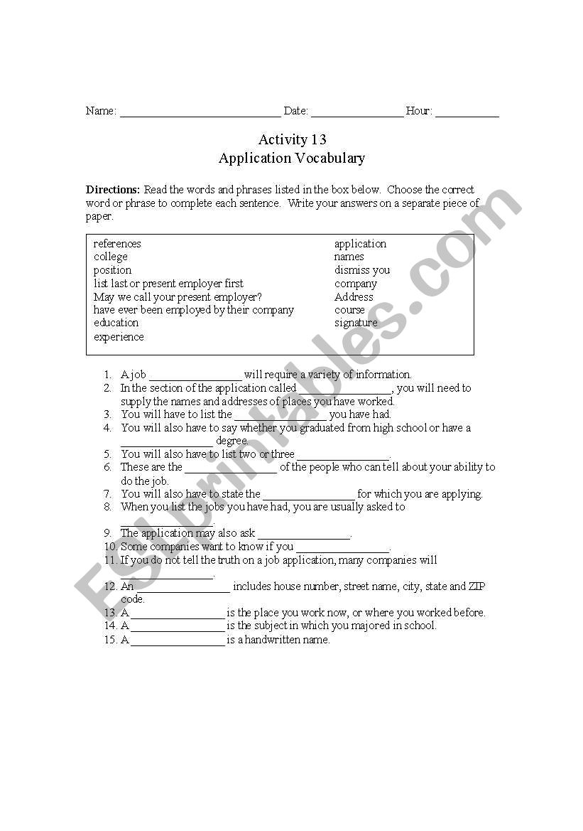 Job Application vocabulary worksheet