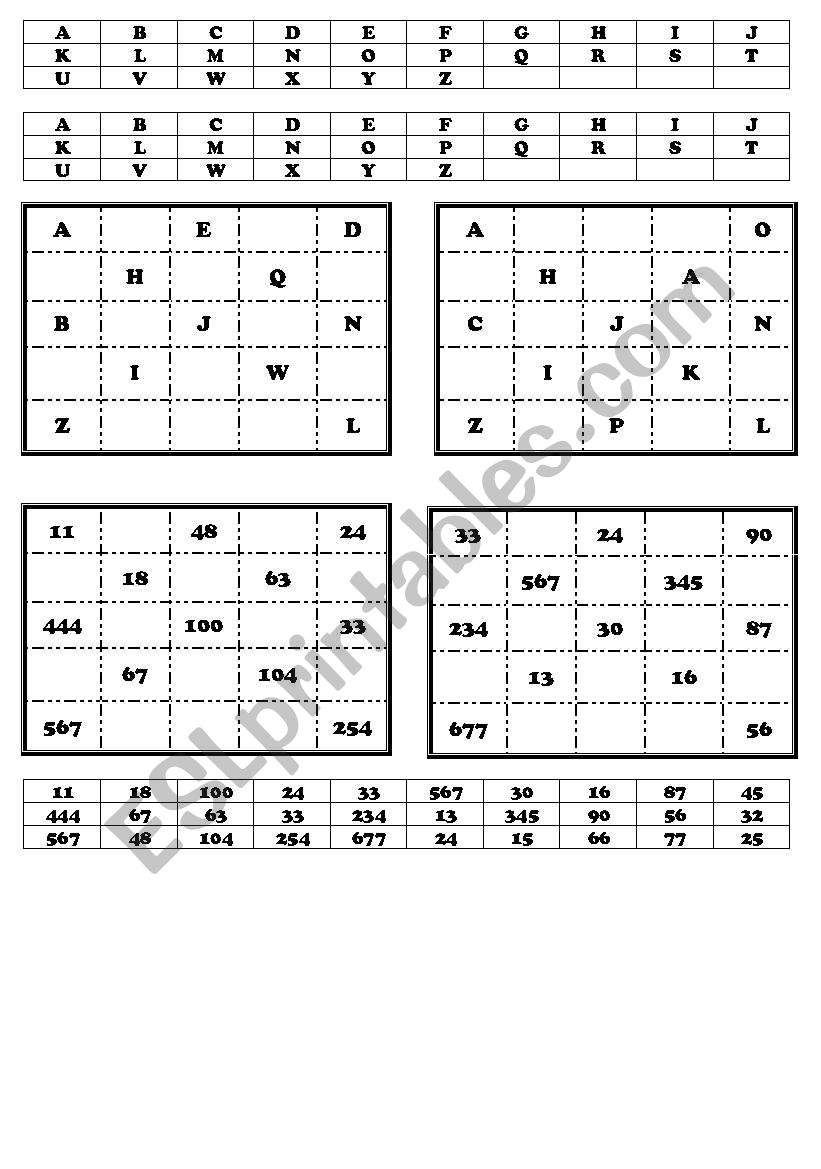 Bingo letters and numbers worksheet